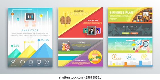 Set of infographic business brochures banners analitics, strategy, brainstorm. Graphics for data visualization. Use for web banners, marketing and promotional materials, flyers, presentation templates