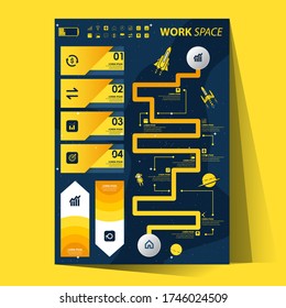 set of infographic for business plan. That uses a dark blue background with a distinctive yellow color, Outer space atmosphere