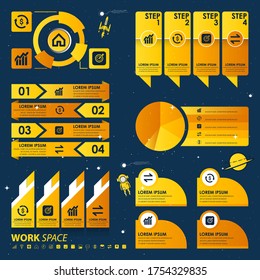 set of infographic for business plan. That uses a dark blue background with a distinctive yellow color, Outer space atmosphere