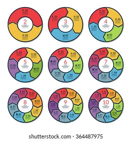 Set of infographic circle arrow templates. Vector concept banners with 2, 3, 4, 5, 6, 7, 8, 9, 10 options, steps, parts. Can be used for graph, report, presentation, diagram, chart, web design