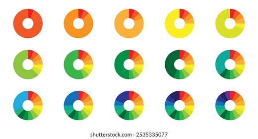 Set of infographic circle chart, pies segmented with equal parts, Wheels divided in eleven sections. Circle section graph, Pie chart round. Loading bar set diagram multicolored collection.