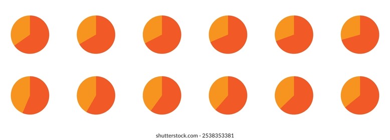 Conjunto de gráfico de círculo infográfico, tortas segmentadas com partes iguais, Rodas divididas em onze seções. Gráfico de seção de círculo, rodada do gráfico de pizza. Carregando coleção multicolorida de diagramas do conjunto de barras.