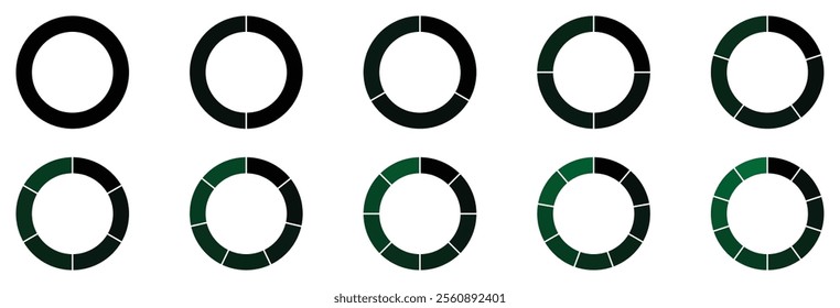 Set of infographic circle chart, pies segmented with equal parts, Wheels divided in eleven sections. Circle section graph, Pie chart round. Pie chart divided 1, 2, 3, 4, 5, 6, 7, 8, 9, 10 equal parts.