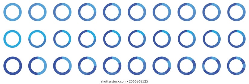 Set of infographic circle chart, pies segmented with equal parts, Wheels divided in eleven sections. Circle section graph, Pie chart round. Loading bar set diagram multicolored. Blue color pie chart