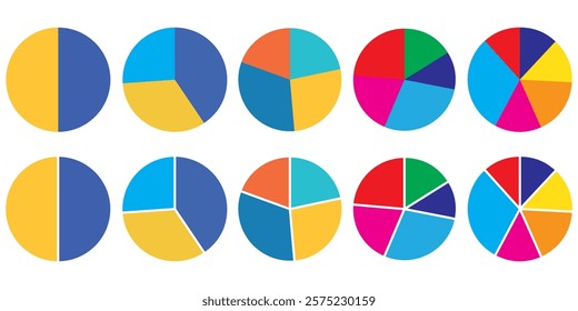 Set of infographic circle chart, pies segmented with equal parts, Wheels divided in eleven sections. Pie chart infographic set.