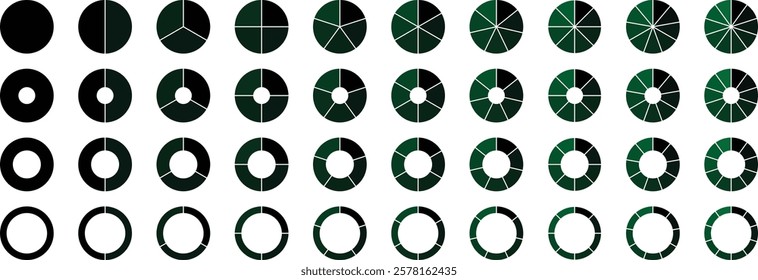 Set of infographic circle chart, pies segmented with equal parts. Circle section graph, Pie chart round. Infographic wheel segment. Pie chart divided 1, 2, 3, 4, 5, 6, 7, 8, 9, 10 equal parts