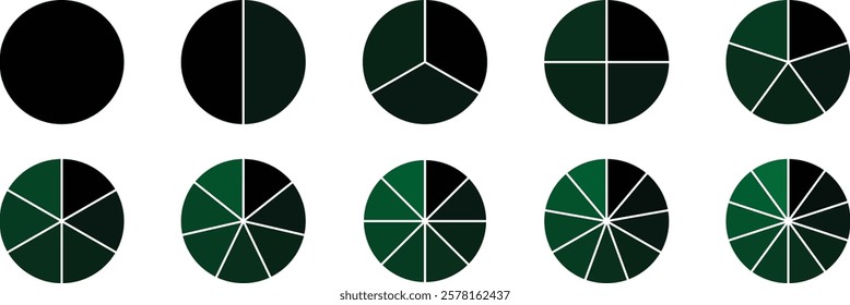 Set of infographic circle chart, pies segmented with equal parts. Circle section graph, Pie chart round. Pie chart divided 1, 2, 3, 4, 5, 6, 7, 8, 9, 10 equal parts. Infographic wheel segment