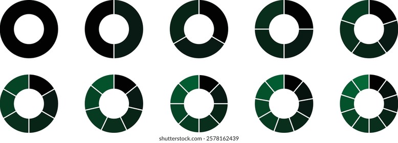 Set of infographic circle chart, pies segmented with equal parts. Infographic wheel segment. Circle section graph, Pie chart round. Pie chart divided 1, 2, 3, 4, 5, 6, 7, 8, 9, 10 equal parts