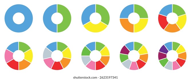 Set of infographic circle chart, pies segmented with 1,5,10 equal parts,  Wheels divided in eleven sections. Circle section graph, Pie chart round. Loading bar set diagram multicolored collection.