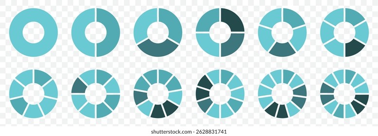 Set of infographic circle chart, pies segmented with equal parts, Wheels divided in eleven sections. Circle section graph, Pie chart round. Loading bar set diagram multicolored collection. EPS 10.