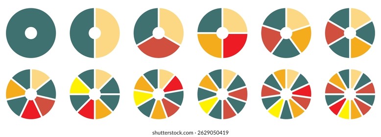 Set of infographic circle chart, pies segmented with equal parts, Wheels divided in eleven sections, Wheel round diagram part symbol. Three phase, six circular cycle. Geometric element. eps 10