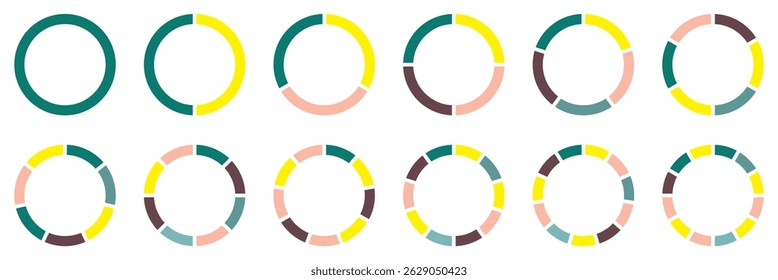 Set of infographic circle chart, pies segmented with equal parts, Wheels divided in eleven sections, Wheel round diagram part symbol. Three phase, six circular cycle. Geometric element. eps 10