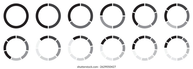 Set of infographic circle chart, pies segmented with equal parts, Wheels divided in eleven sections, Wheel round diagram part symbol. Three phase, six circular cycle. Geometric element. eps 10