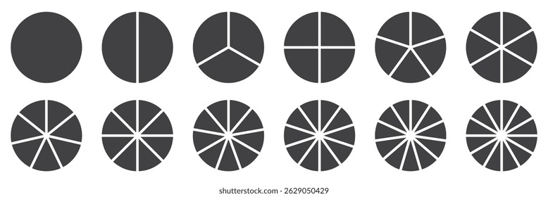Set of infographic circle chart, pies segmented with equal parts, Wheels divided in eleven sections, Wheel round diagram part symbol. Three phase, six circular cycle. Geometric element. eps 10