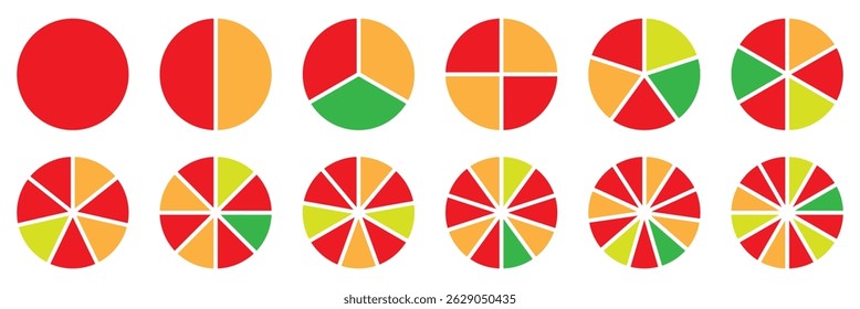 Set of infographic circle chart, pies segmented with equal parts, Wheels divided in eleven sections, Wheel round diagram part symbol. Three phase, six circular cycle. Geometric element. eps 10