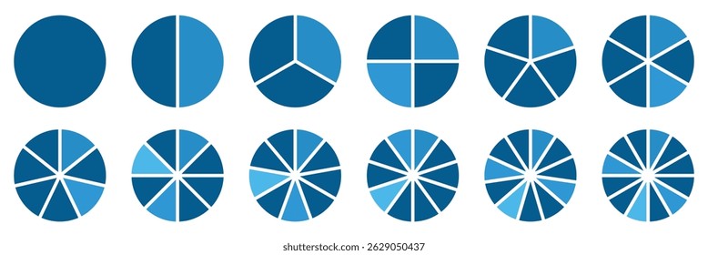Set of infographic circle chart, pies segmented with equal parts, Wheels divided in eleven sections, Wheel round diagram part symbol. Three phase, six circular cycle. Geometric element. eps 10