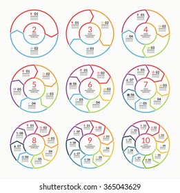 Set of infographic circle templates. Simple concept banners with 2, 3, 4, 5, 6, 7, 8, 9, 10 options, steps, parts. Can be used for web, graph, report, presentation, diagram, chart. Vector background