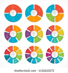 Set of infographic circles with 2, 3, 4, 5, 6, 7, 8, 9, 10 options. Can be used for graph, diagram, presentation, report, step options, web design.