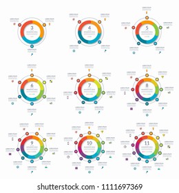 Set of infographic circles with 3, 4, 5, 6, 7, 8, 9, 10, 11 options, steps, parts. Business concept for diagram, graph, chart. Vector template