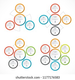Set of infographic circles with 3, 4, 5, 6 options. Can be used for graph, diagram, chart, report, web design. Vector illustration