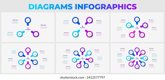 Satz von Infografiken kreiert Elemente und Pfeile. Vektorgrafiken mit Optionen, Schritten oder Prozessen mit 3, 4, 5, 6, 7 und 8