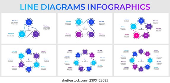 Conjunto de elementos de círculos infográficos y líneas finas. Diagramas de vectores con 3, 4, 5, 6, 7 y 8 opciones, pasos o procesos