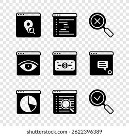Set Infographic of city map, Browser window, Magnifying glass and delete, Graph chart infographic, Search engine, with check mark, incognito and Online shopping on screen icon. Vector
