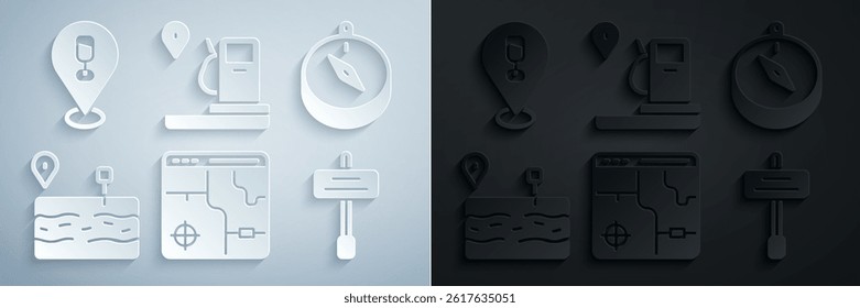 Set Infographic of city map, Compass, Broken road, Road traffic sign, Location and gas station and Alcohol or beer bar location icon. Vector