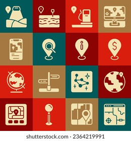 Set Infographic of city map, Location on the globe, Cash location, and gas station, Search, City navigation, with mountain and information icon. Vector