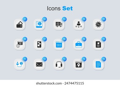Set Infographic of city map, Mobile 24 hours support, Financial book, Human and money, File document, Advertising, Wallet with and SEO optimization icon. Vector