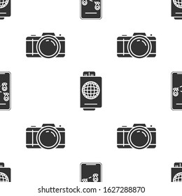 Set Infographic of city map navigation, Passport with ticket and Photo camera on seamless pattern. Vector