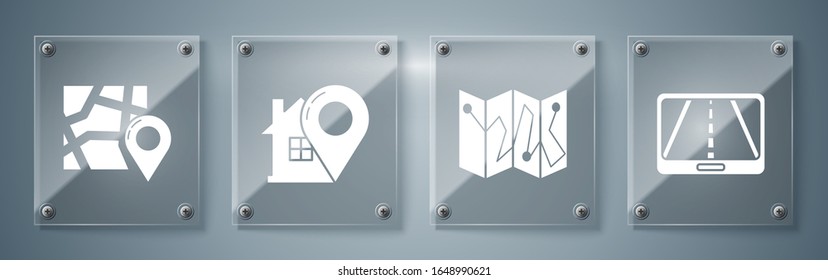 Set Infographic of city map navigation, Folded map with location marker, Map pointer with house and Folded map with location marker. Square glass panels. Vector