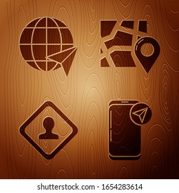 Set Infographic of city map navigation, Location on the globe, Road traffic sign and Folded map with location marker on wooden background. Vector