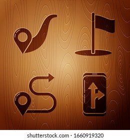 Set Infographic of city map navigation, Route location, Route location and Flag on wooden background. Vector