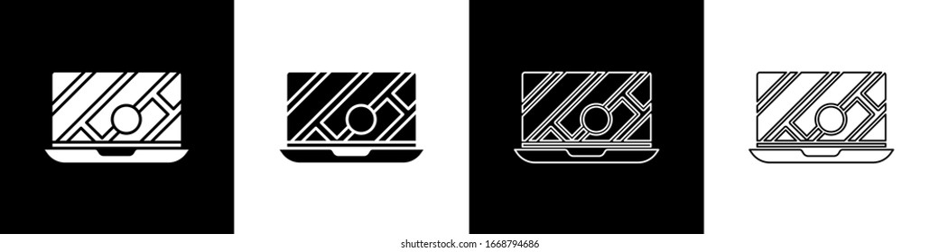 Set Infographic of city map navigation icon isolated on black and white background. Laptop App Interface concept design. Geolocation concept.  Vector Illustration