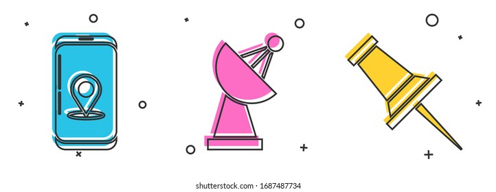 Setzen Sie Infografik der Stadtplan-Navigation, Radar und Push-Pin-Symbol ein. Vektorillustration