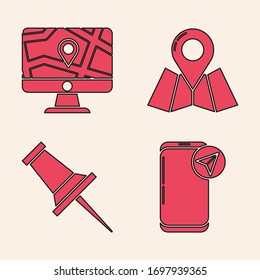 Set Infographic of city map navigation, Monitor and folded map with location, Folded map with location marker and Push pin icon. Vector