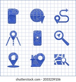 Set Infographic of city map navigation, Map pointer with house, Folded location marker, Search, Road traffic sign, Route and  icon. Vector