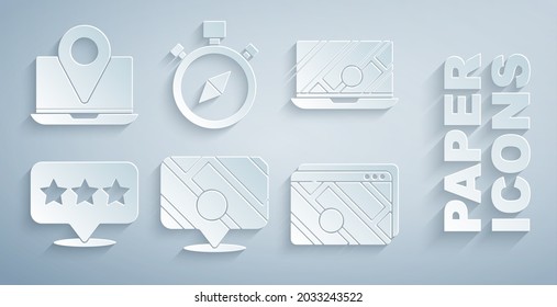 Set Infographic of city map navigation, City, Map pointer with star, Compass and Laptop location marker icon. Vector