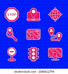 Set Infographic of city map navigation, Traffic light, Route location, Stop sign, Search, World globe with compass and  icon. Vector