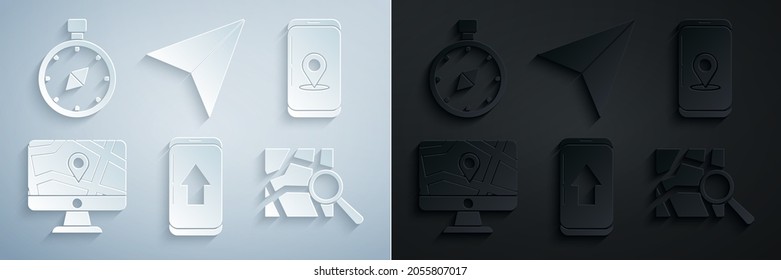Set Infographic of city map navigation, Monitor and folded with location, Folded marker, Paper airplane and Compass icon. Vector