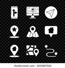 Set Infographic of city map navigation, Monitor and folded with location, Paper airplane, Map pointer house, Folded marker, Route, star and  icon. Vector