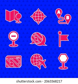 Set Infographic of city map navigation, Globe with flying plane, Road traffic sign, Location marker, Stop, Route location and Folded push pin icon. Vector