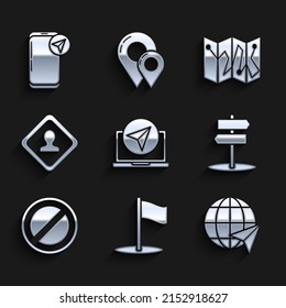 Set Infographic of city map navigation, Flag, Location the globe, Road traffic sign, Stop, Folded with location marker and  icon. Vector