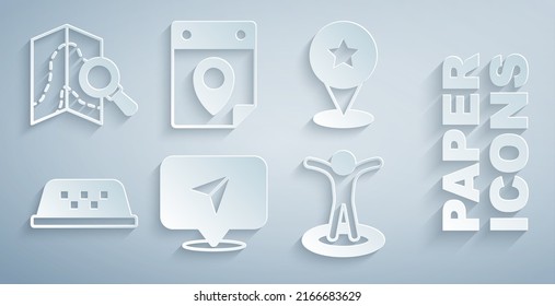 Set Infographic of city map navigation, Map pointer with star, Taxi car roof, Location person, Travel planning calendar and Search location icon. Vector