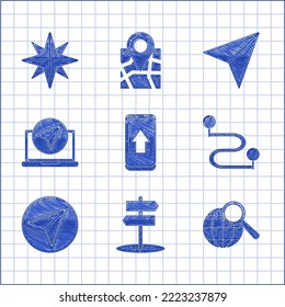 Set Infographic of city map navigation, Road traffic sign, Magnifying glass with globe, Route location, Paper airplane,  and Wind rose icon. Vector