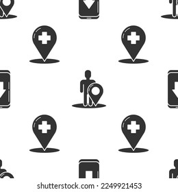Set Infographic of city map navigation, Map marker with a silhouette of a person and Medical map pointer with cross hospital on seamless pattern. Vector