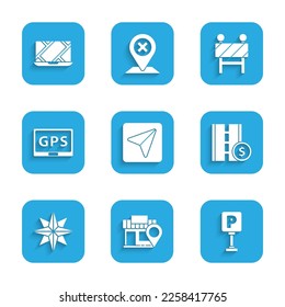 Set Infographic of city map navigation, Location with store, Parking, Toll road traffic sign, Wind rose, Gps device, Road barrier and City icon. Vector