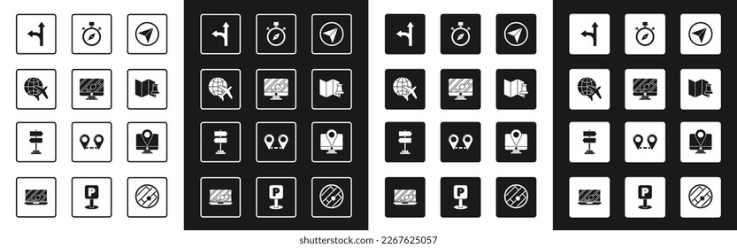 Set Infographic of city map navigation, Monitor with location marker, Globe flying plane, Road traffic sign, Folded push pin, Compass,  and  icon. Vector