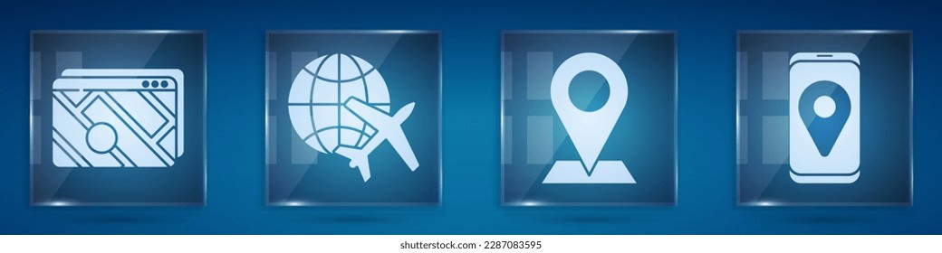 Establecer Infografía de la navegación de mapas de la ciudad, Globe con plano volante, Ubicación y navegación de mapas de la ciudad. Paneles de vidrio cuadrado. Vector